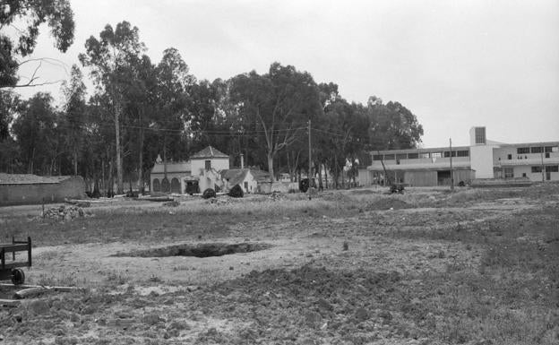Abril, 1962. Parcela destinada a la instalación de la factoría CITESA. Al fondo, a la derecha, Instituto Ntra. Sra. de la Victoria. En el centro de la imagen, edificios del antiguo real de la Feria de Martiricos.