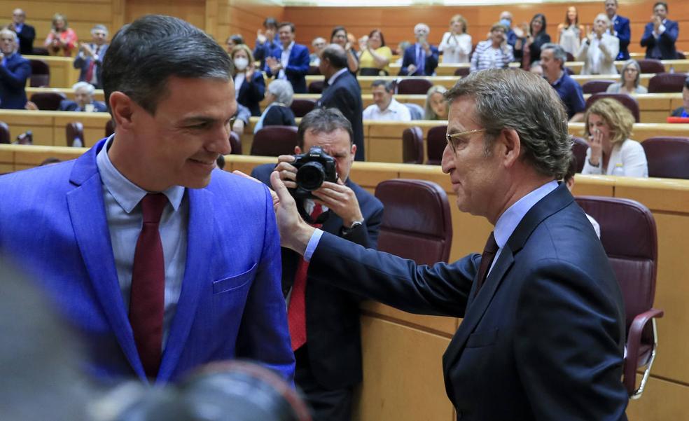 Pedro Sánchez y Alberto Núñez Feijóo durante una sesión de control en el Senado.