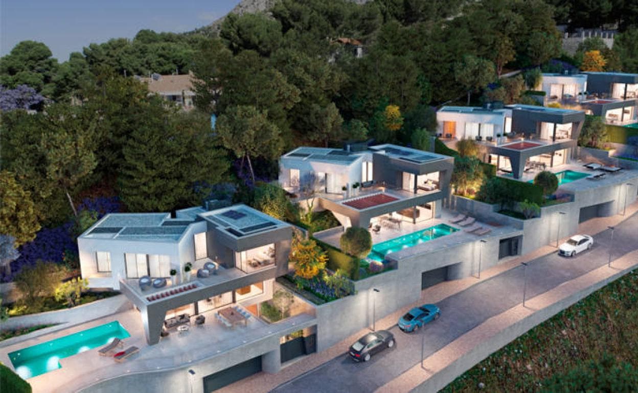 Recreación de la primera fase del proyecto, con cuatro villas con piscina. 