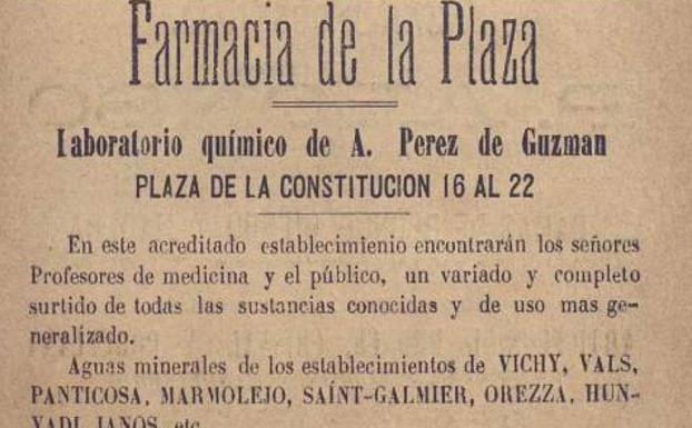 Anuncio de la farmacia de Pérez de Guzmán. Guía de Málaga 1881