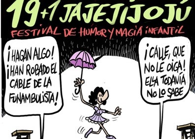 Imagen secundaria 1 - El mago y payaso Kayto, un habitual en el festival. Debajo, detalle del cartel de la edición del año pasado y de este año de Jajejijojú.