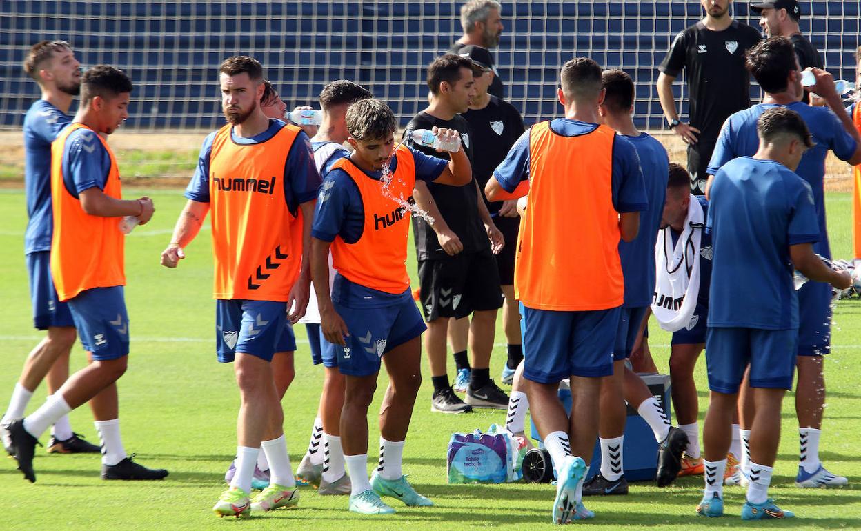 Jugadores del Málaga durante el primer día de pretemporada en el campo de la Federación. 