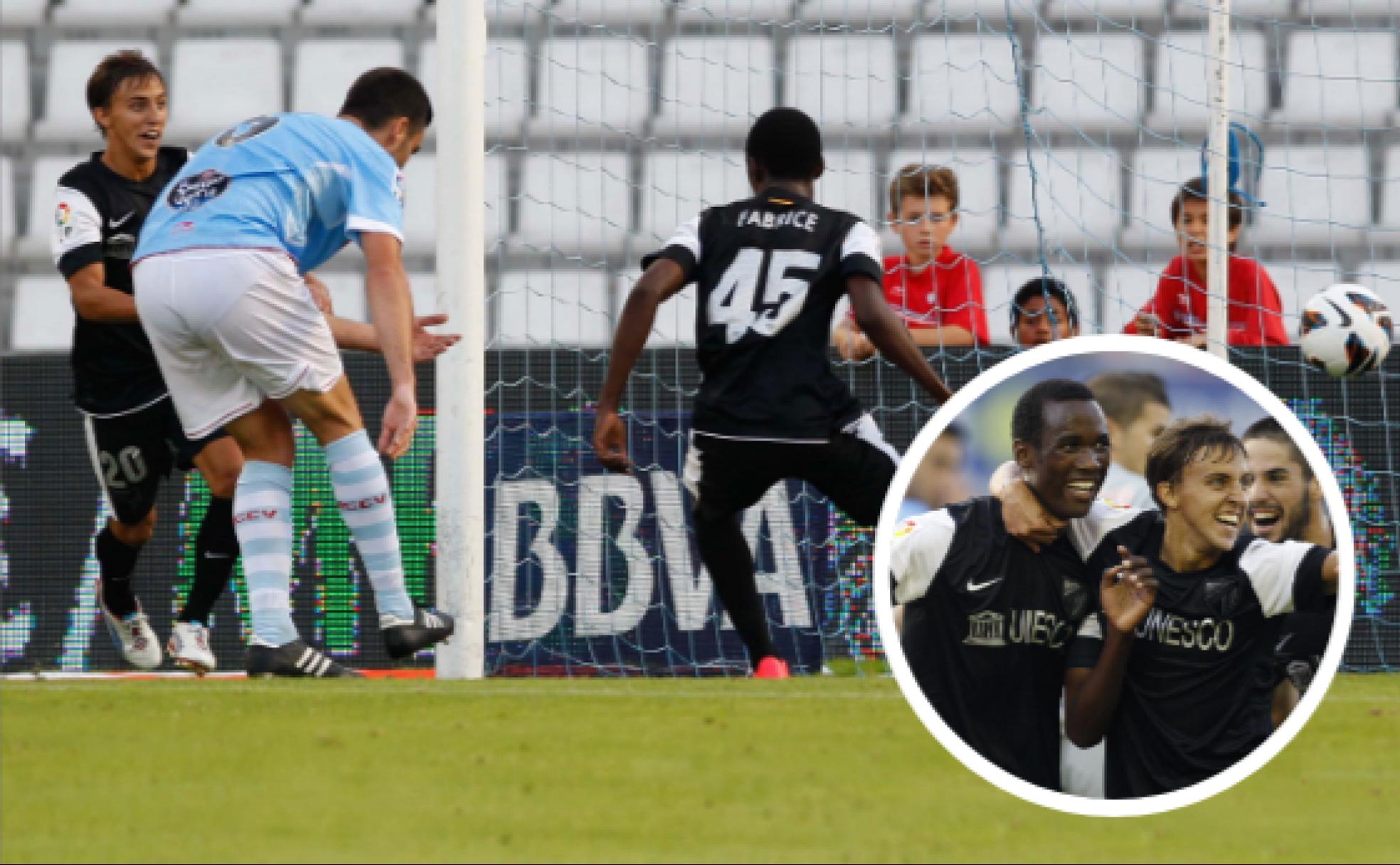 El momento de la consecución del gol, un 18 de agosto de 2012 en el estadio del Celta. En el círculo, Fabrice, felicitado por Buonanotte tras su gol en Balañidos, con un joven Isco al fondo.