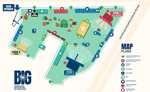 La entrada al festival Andalucía Big estará situada en la zona oeste del recinto ferial, desde la Avenida de las Malagueñas. 