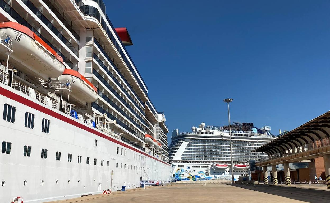 Vista de la terminal del Puerto, con dos cruceros atracados. 