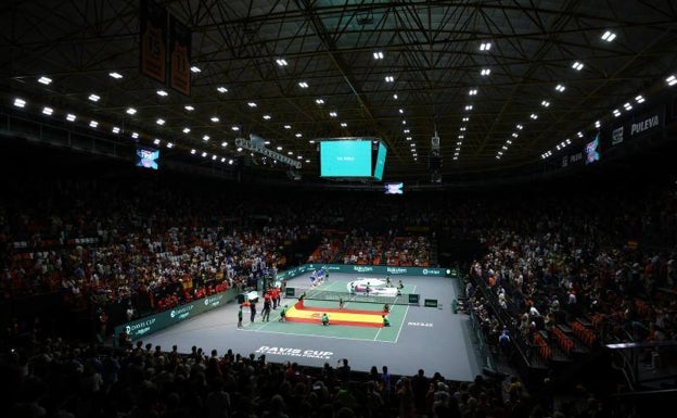 Panorámica del Pabellón de la Fuente de San Luis, en Valencia, en la fase de grupos de la Copa Davis. 