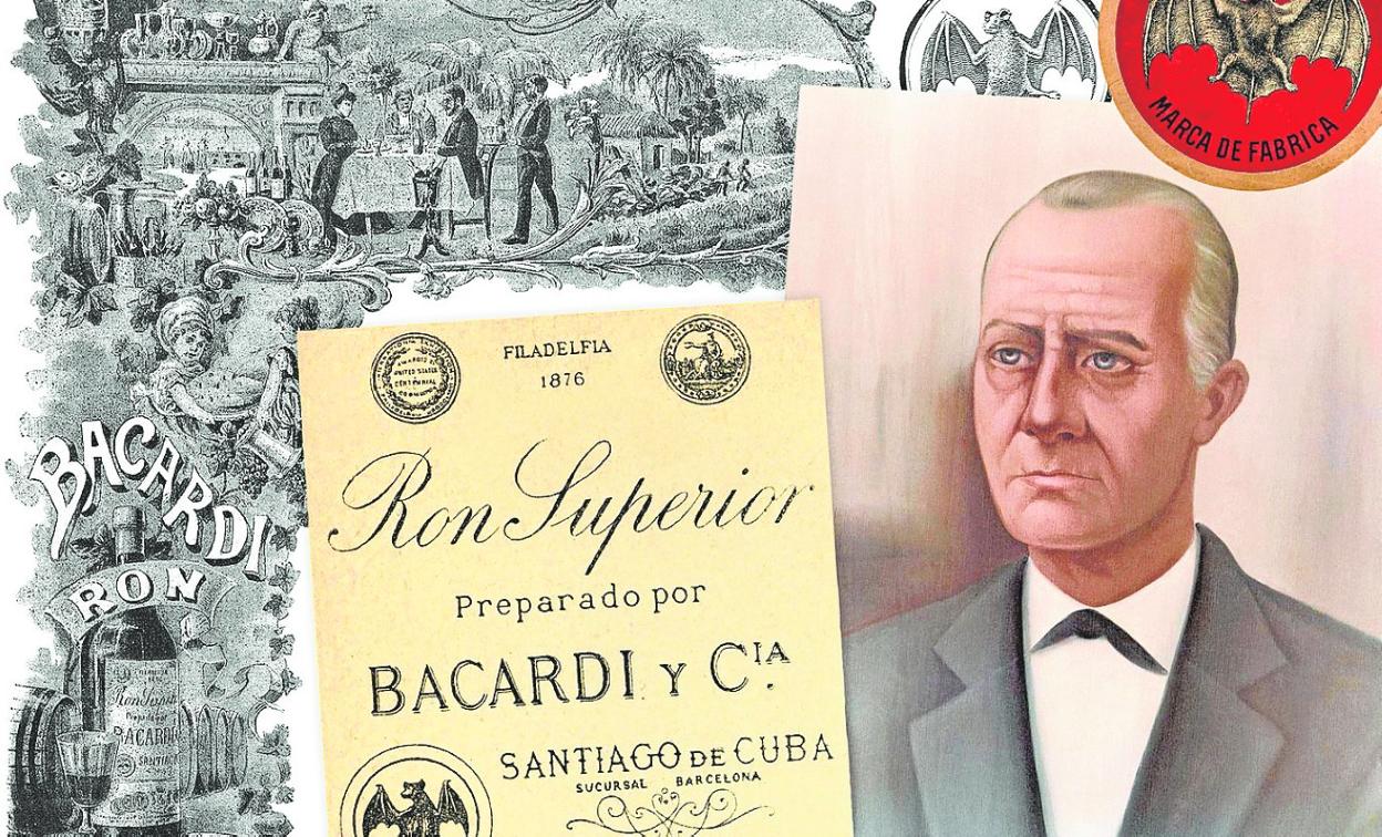 Retrato de don Facundo Bacardí rodeado de antiguas etiquetas y anuncios de su marca.