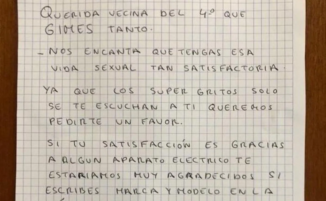 La viral carta de sus vecinos a una chica «Que viva el sexo, pero grita un poco menos» Diario Sur