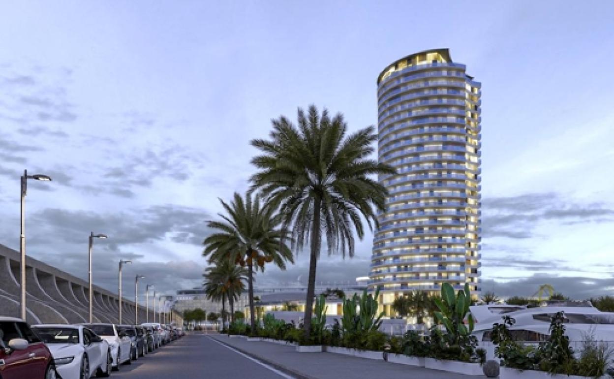 Recreación del hotel de lujo previsto en el dique de Levante del Puerto de Málaga. 