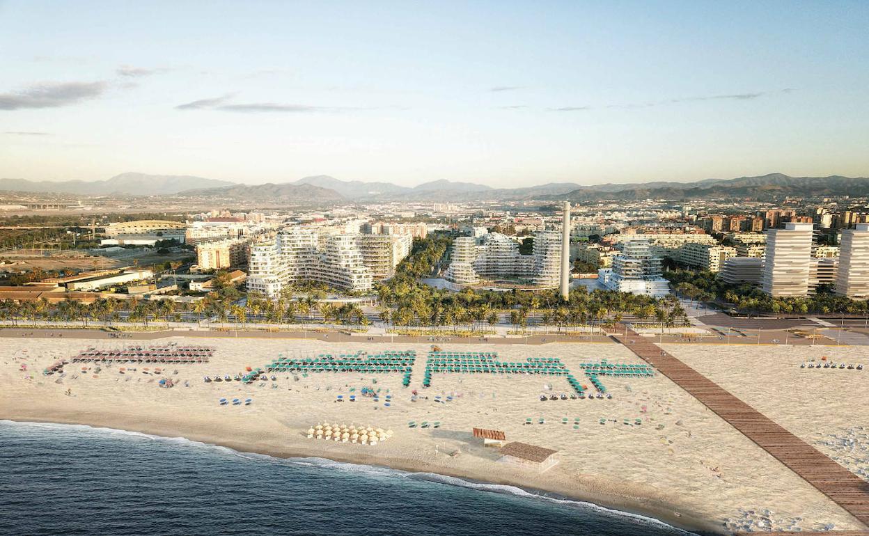 Recreación del proyecto de La Térmica en la que se aprecian, a la derecha, las torres que ya se han levantado en los suelos de Torre del Río. 