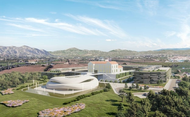Junto al cortijo se ha previsto un edificio de forma orgánica para salón de actos central. 