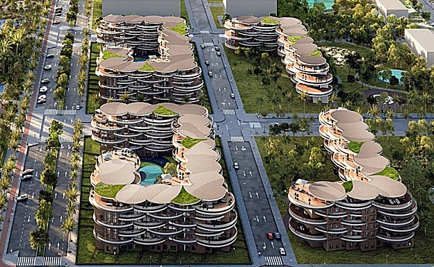 Detalle de las construcciones, en las que destaca la planta circular de las terrazas. 