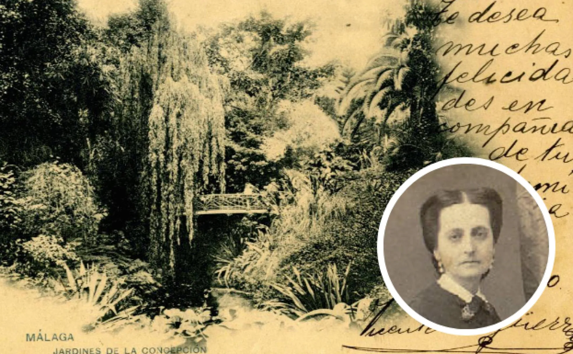 Detalle de una postal del siglo XIX con el esplendor de la Finca de la Concepción, la propiedad más querida por Amalia, en la imagen pequeña