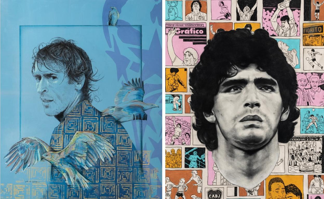 Los retratos de Raúl, a cargo de Pablo Caro Revidiego, y Maradona, con la firma de Emmanuel Lafont, que se exhiben en Catar. 