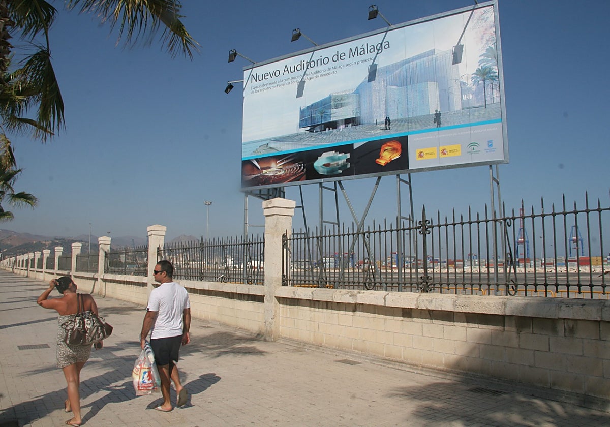 Cartel que anunciaba la construcción del Auditorio en el muelle de San Andrés.