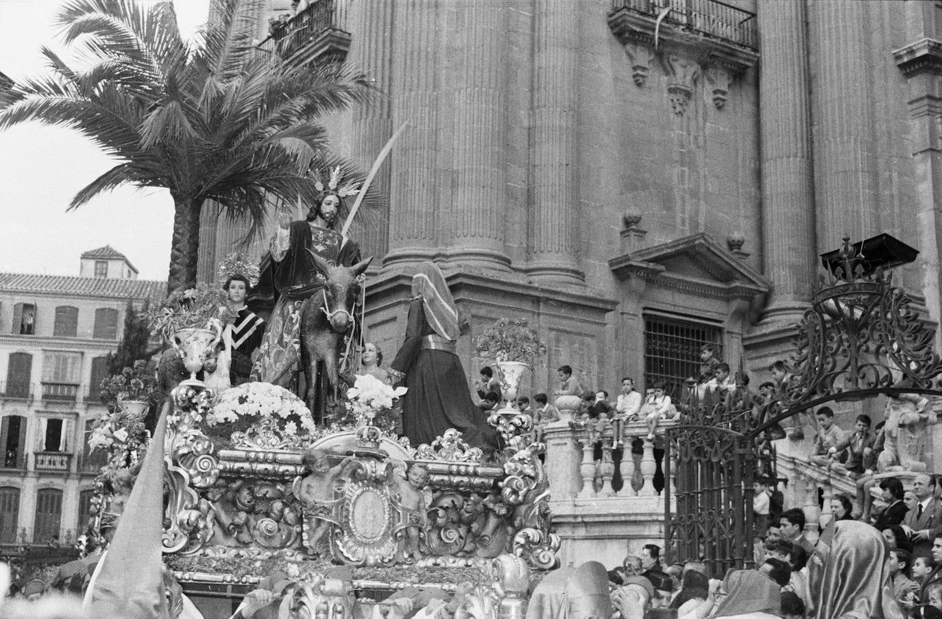 El antiguo trono de Jesús de la Pollinica, Antonio Castillo Ariza y Francisco Díaz, pasa ante la fachada de la Catedral, desde cuya balaustrada lo contemplan niños y mayores. El Señor que protagoniza la escena es el actual titular, del cordobés Juan Martínez Cerrillo, tallado en 1943. La imagen cuenta hoy día con un juego de manos, obra de Suso de Marcos, de 1985, y un cuerpo de talla completa, de José Antonio Navarro Arteaga, de 1990. La efigie fue restaurada en 2017 por Antonio Bernal Redondo.