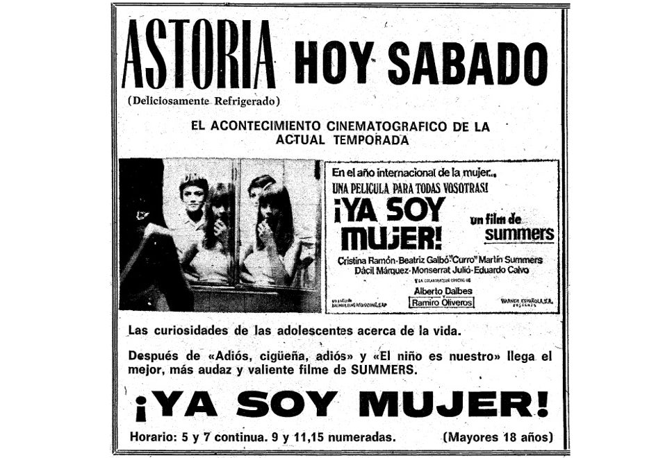 Publicidad en SUR del estreno de '¡Ya soy mujer!' en el Astoria el 19 de julio de 1975.