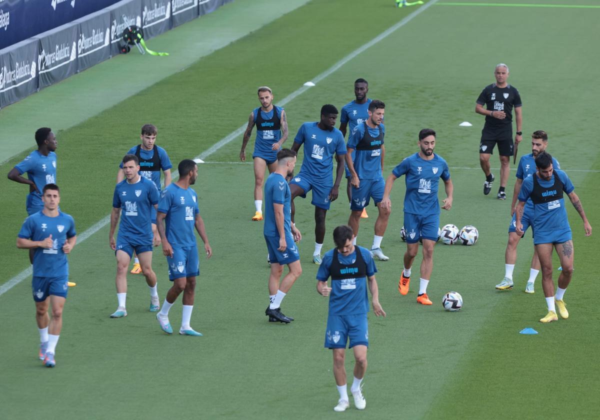 Jugadores del Málaga a las órdenes de Pellicer en el entrenamiento de este miércoles.