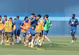 Jugadores del Málaga se ejercitan durante el entrenamiento de ayer en el Anexo de La Rosaleda.