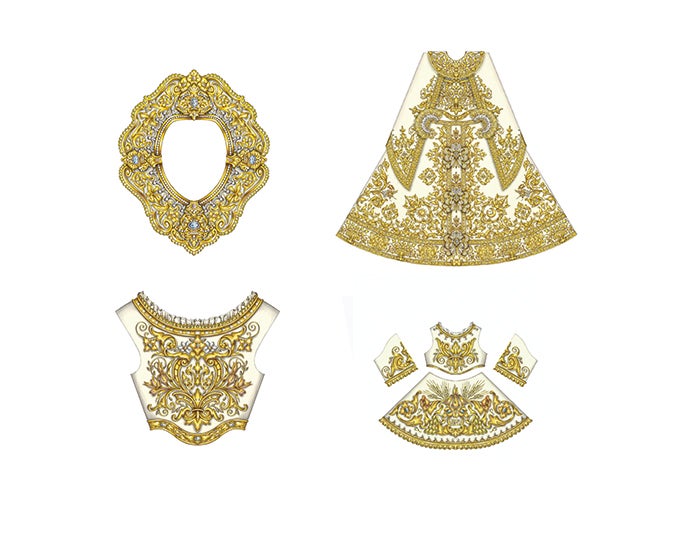 Diseño del rostrillo, saya y corpiño de la Virgen, y túnica del Niño Jesús.