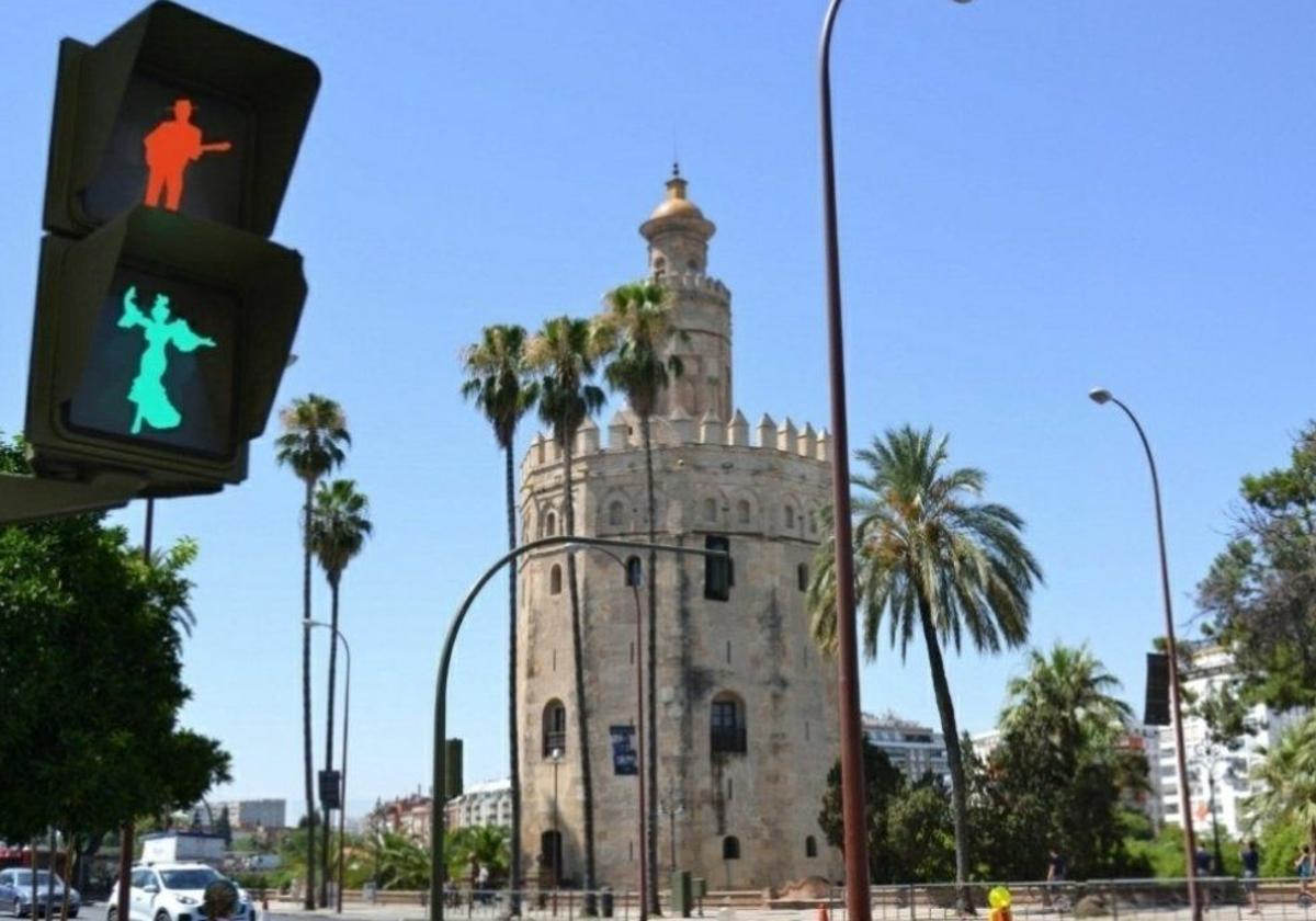 Imagen de un semáforo junto a la Torre del Oro