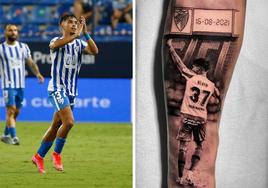 Imagen de Kevin en su debut oficial con el Málaga en La Rosaleda frente al Mirandés en agosto de 2021 y del tatuaje donde se plasma esa fecha especial.