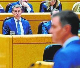 Alberto Núñez Feijóo atiende el discurso de Pedro Sánchez en el Senado. JAVIER SORIANO. AFP