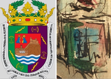 Imagen secundaria 1 - En la primera imagen, la figura con trompeta del techo del María Cristina (izquierda) y la de dibujo de Picasso (derecha); en el centro, se lee la palabra 'Málaga'. En la segunda, el escudo de la ciudad de Málaga (izda) y la versión picassiana en un lateral del dibujo. En el último, el esbozo de la torre de la catedral de Málaga.