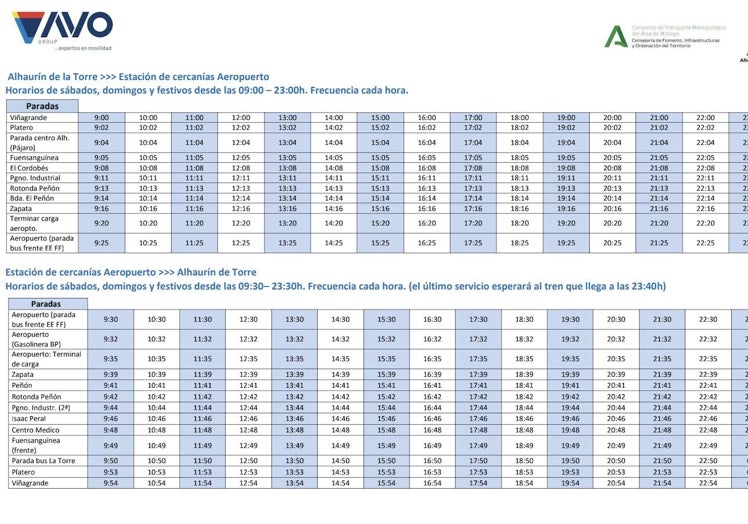 Horarios del bus lanzadera desde Alhaurín de la Torre al Aeropuerto de Málaga los fines de semana y festivos.