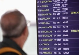 Un viaje busca su vuelo en el panel informativo del aeropuerto de Málaga.