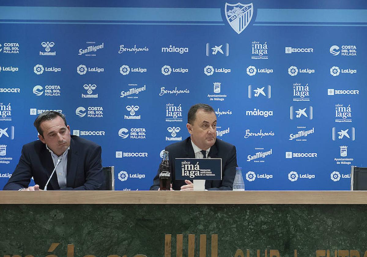 Kike Pérez y José María Muñoz, en una comparecencia en La Rosaleda.