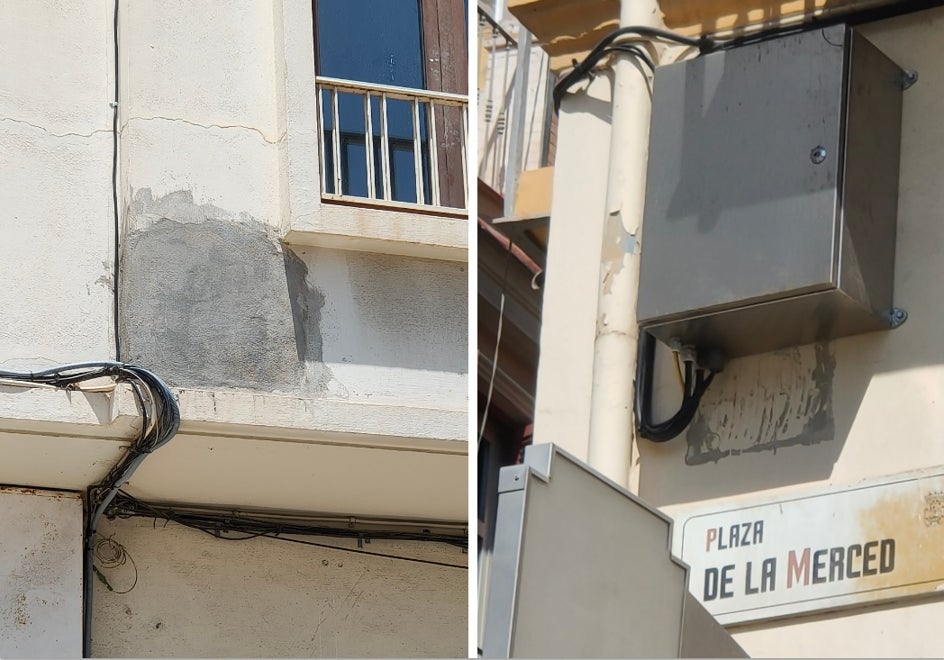 Donde estaban dos de los mosaicos del centro histórico ahora hay una mancha de cemento (Tribuna de los Pobres) y una ostentosa caja metálica con cables (Plaza de la Merced).