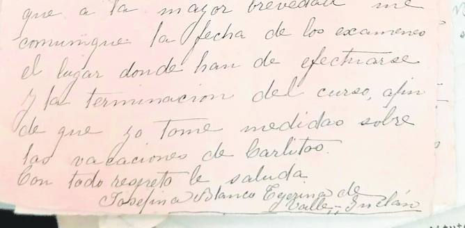 Extracto de la carta que Josefina Blanco envía al director del instituto de El Palo.