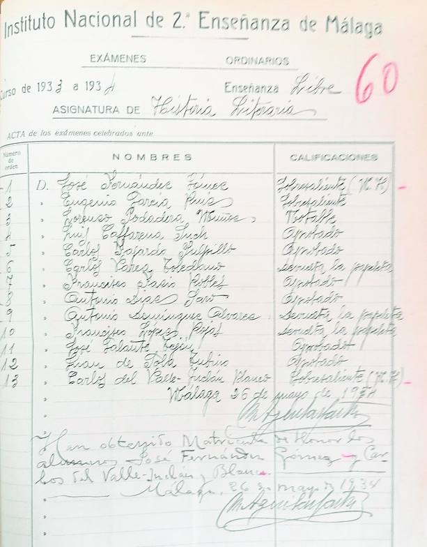 Nota de matrícula de honor de Carlos Valle-Inclán en la asignatura de Historia Literaria. Archivo Instituto Nuestra Señora de la Victoria.