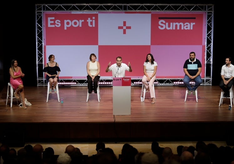 Toni Valero interviene durante el acto central de Sumar en esta campaña del 23J.