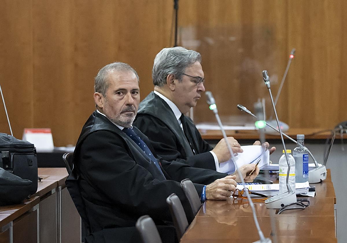 El exdecano del Colegio de Abogados de Málaga, Francisco Javier Lara, junto a su letrado, José Javier Polo, el día del juicio.