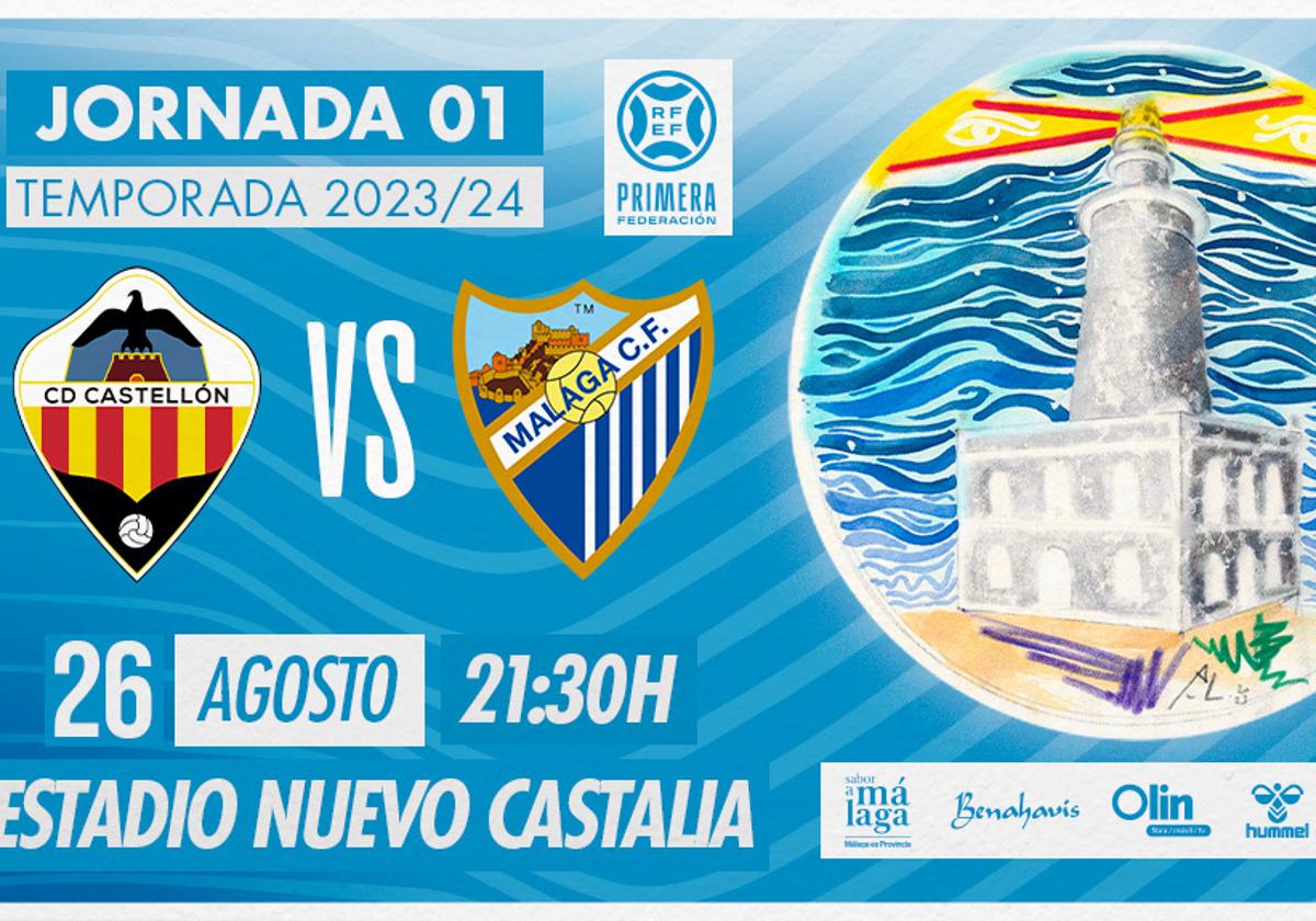 Cartel anunciador del partido entre el Castellón y el Málaga compartido por el club blanquiazul y donde se muestra el diseño del artista José Luis Puche.