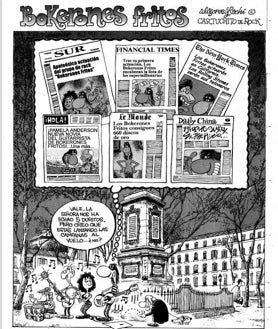 Imagen secundaria 2 - En la primera viñeta, Malaquías como as del baloncesto por tal de no bajar la basura. En la segunda, entrevista de Luis Moret a Idígoras y Pachi en el cómic 'Bokerones fritos'. En la tercera, la banda de rock tocando en la plaza de la Merced y recibiendo su primera 'limosna'.