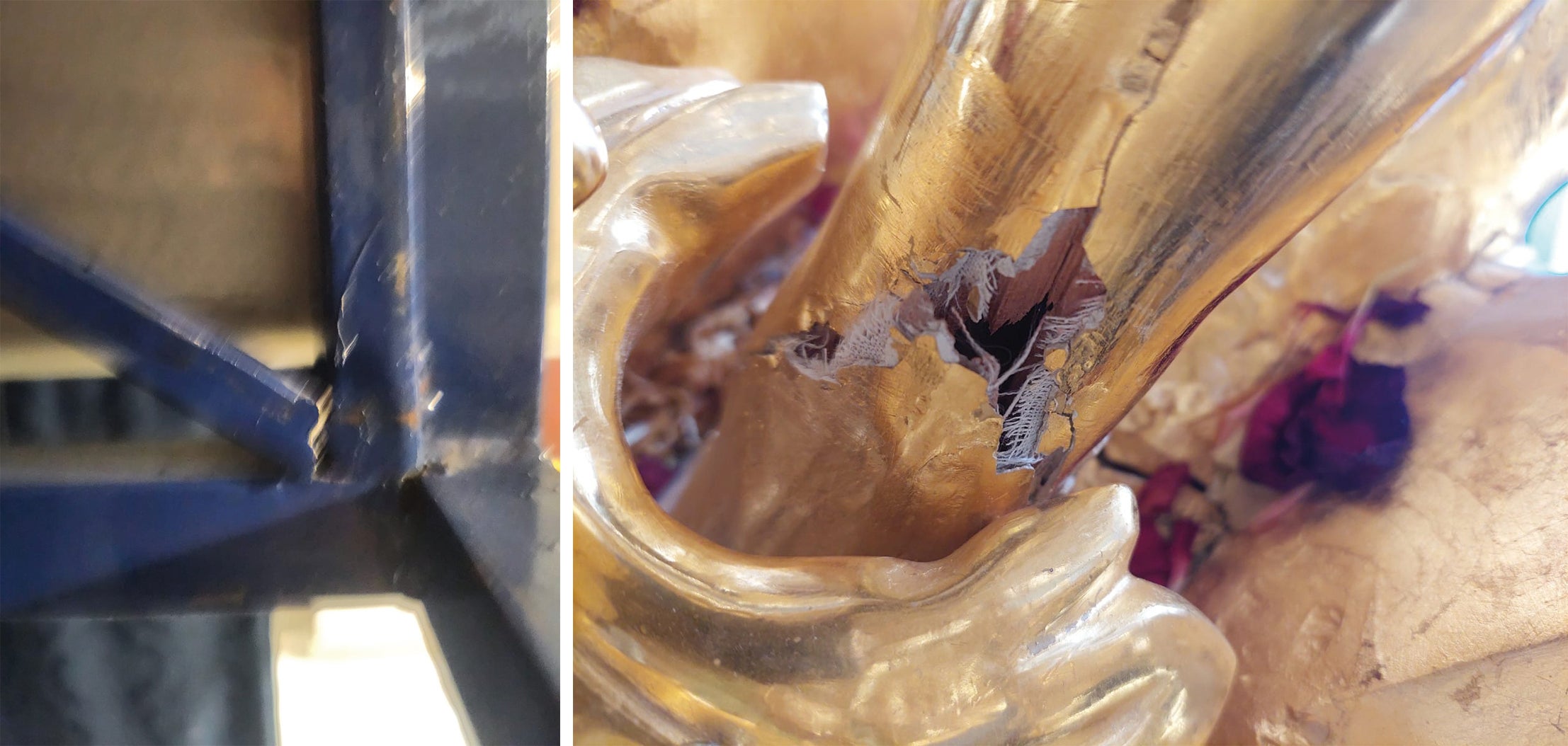 Daños en la mesa y en el cajillo del trono de la Virgen de la Paloma.