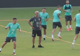 Sergio Pellicer dirige de forma activa una sesión de entrenamiento en La Rosaleda esta semana.