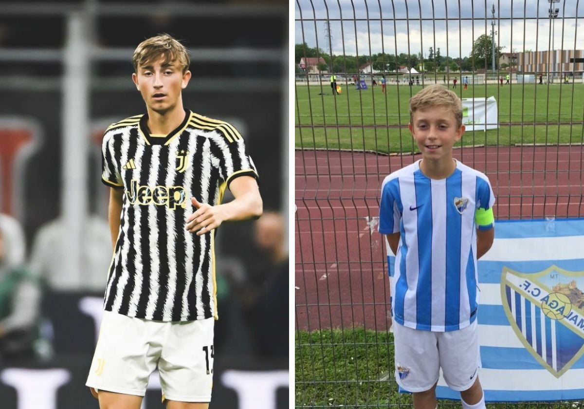 Dean Huijsen, en una imagen reciente con la Juventus y hace en torno a un lustro como canterano del Málaga, con una evidente transformación física.