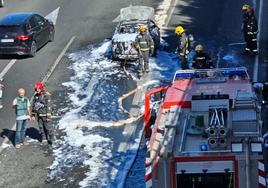 Bomberos y Guardia Civil, junto al coche quemado.