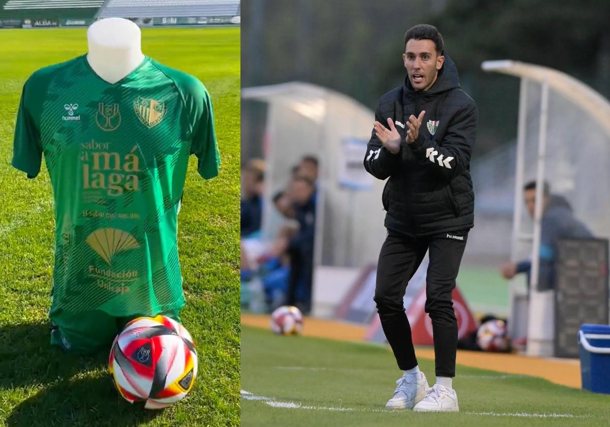 Imagen de la nueva camiseta del Antequera para jugar la Copa del Rey como local y el entrenador del equipo, Javi Medina.