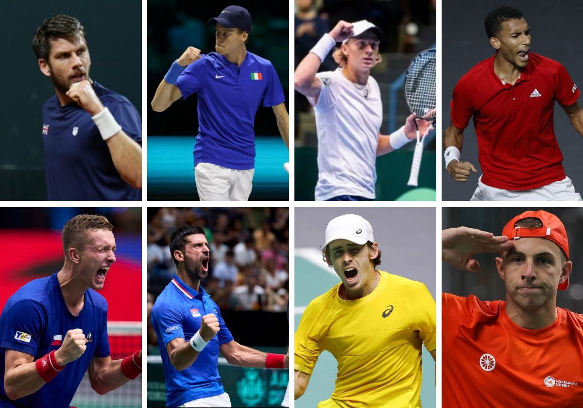 Arriba, Cameron Norrie (Gran Bretaña), Jannik Sinner (Italia), Emil Ruusuvuori (Finlandia), Felix Auger-Aliassime (Canadá) y, abajo, Jiri Lehecka (República Checa), Novak Djokovic (Serbia), Alex De Miñaur (Australia) y Tallon Griekspoor (Países Bajos), los líderes de los ocho combinados.