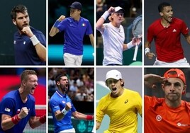 Arriba, Cameron Norrie (Gran Bretaña), Jannik Sinner (Italia), Emil Ruusuvuori (Finlandia), Felix Auger-Aliassime (Canadá) y, abajo, Jiri Lehecka (República Checa), Novak Djokovic (Serbia), Alex De Miñaur (Australia) y Tallon Griekspoor (Países Bajos), los líderes de los ocho combinados.