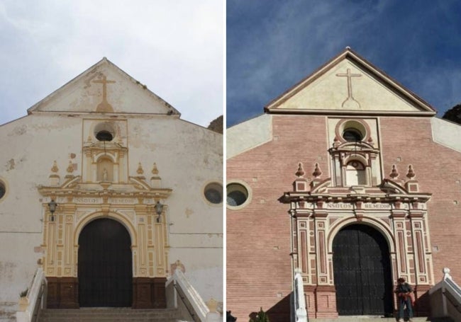 El antes y el después de la fachada de la iglesia de Nuestra Señora de los Remedios de Ardales.