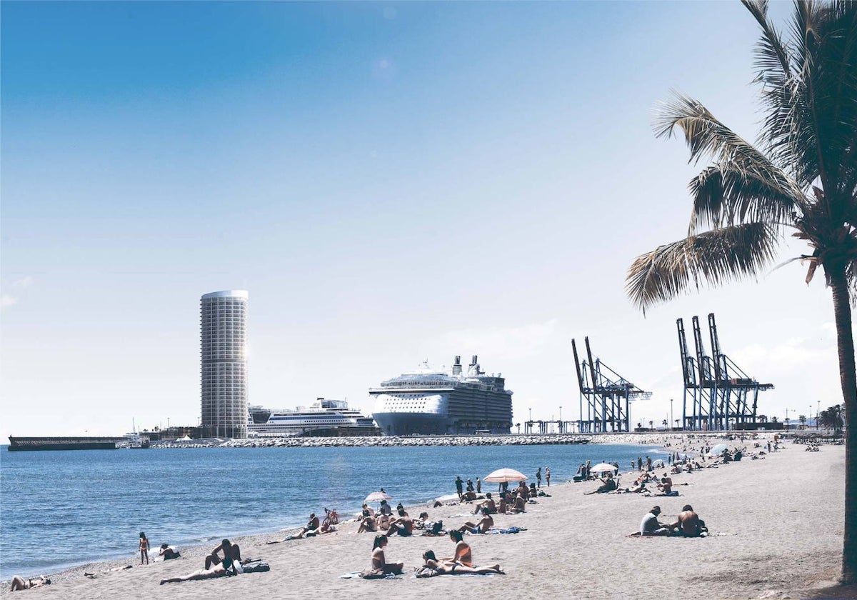 Recreación de la Torre del Puerto, como se vería desde la playa de La Malagueta.