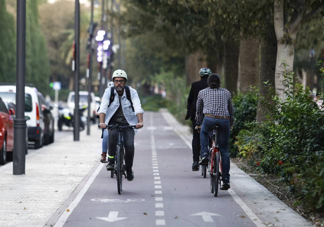 Uno de los carriles bici más «ortodoxos»: separado de la calzada y del paso principal de los peatones, frente al Ayuntamiento.