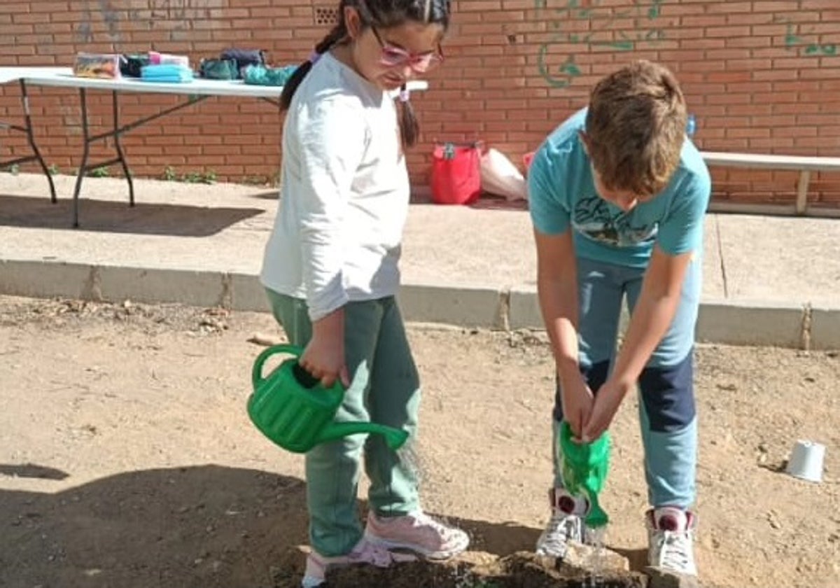 Dos de los niños participantes en la iniciativa riegan el huerto escolar.