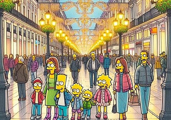 La familia Simpsons inmortaliza su paso por calle Larios donde disfrutan del espectáculo de Navidad.